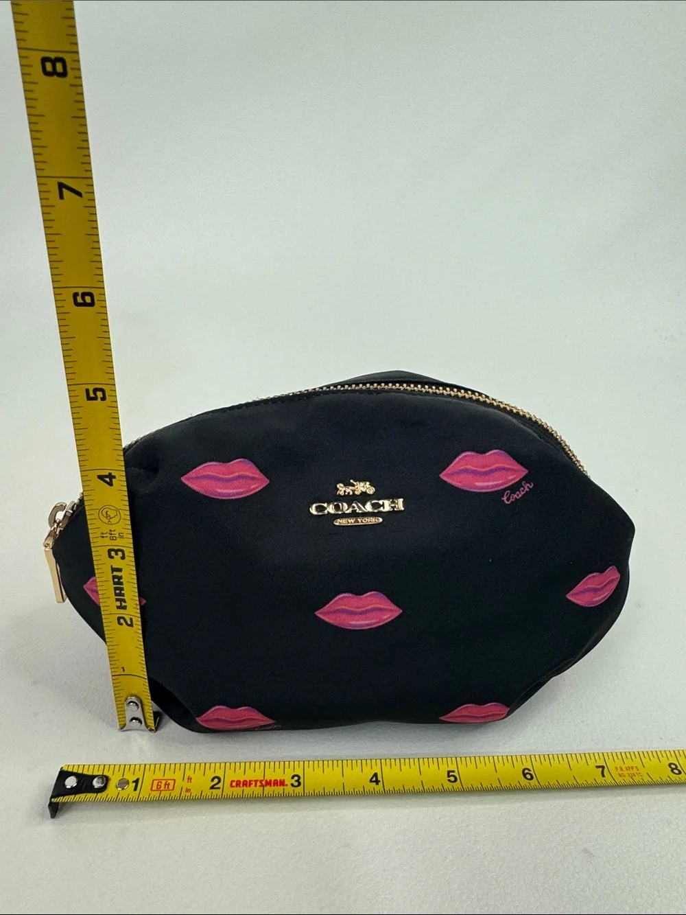 Coach Nylon Black Cosmetic Pouch with Pink Lip Motif Gold zipper & logo